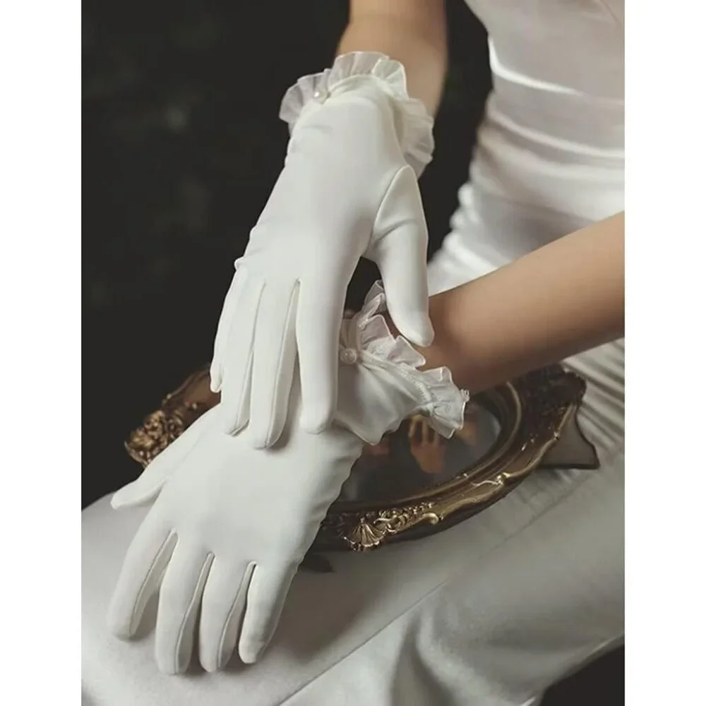 Women's Lvory Floral Lace Short Satin Ruffle Pearls Evening Gloves Party Prom